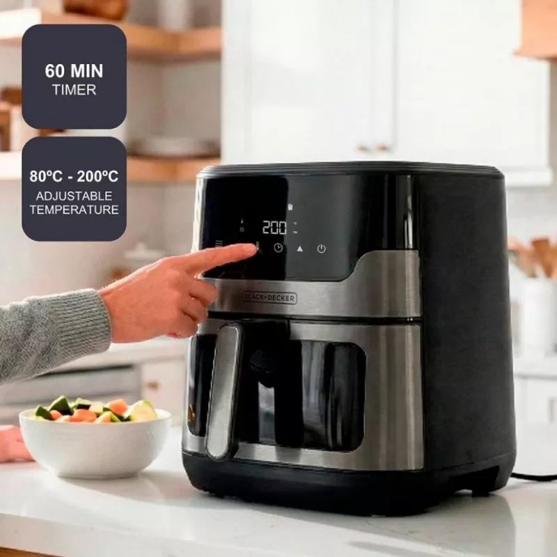 BLACK+DECKER BXAF8001E 8L Cyfrowa Frytkownica Beztłuszczowa, 1700W, 8 Programów, Kosz Nieprzywierający, Czarny