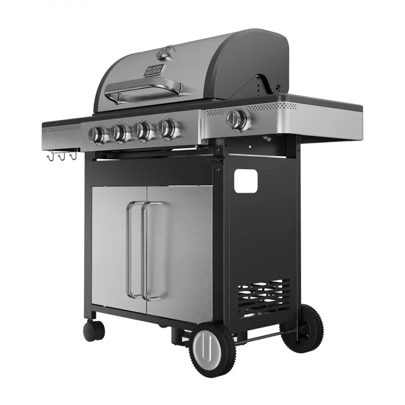 Black+Decker BXOG16550E Grill gazowy, 4 palniki z palnikiem bocznym, 16,5 kW, czarny i stal nierdzewna