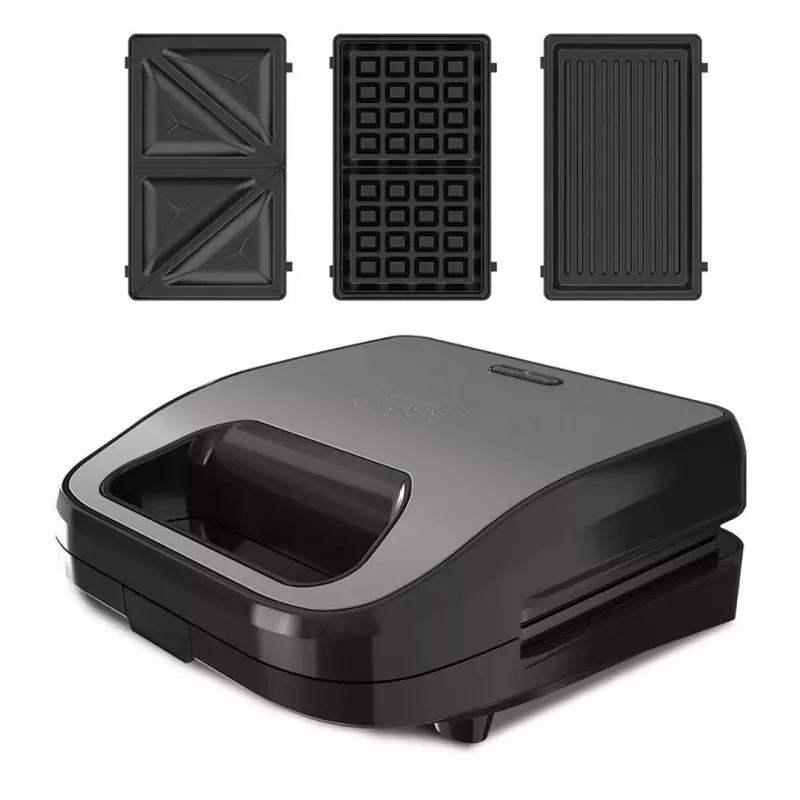 BLACK+DECKER BXSA754E 3-w-1 opiekacz do kanapek, gofrownica i grill z 3 wymiennymi płytami nieprzywierającymi, 750 W, stal nierdzewna