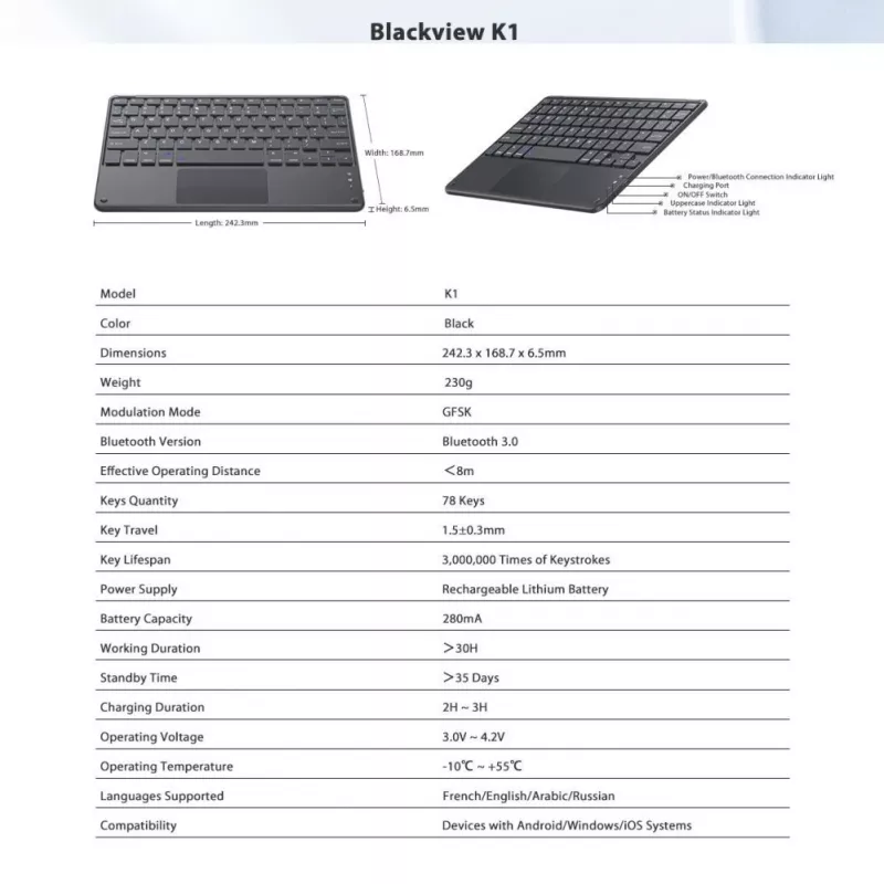 Klawiatura Bluetooth Blackview K1 Bezprzewodowa Ultra Cienka 10 inch – Bateria 280mAh, Bluetooth 3.0, Kompatybilna z Windows / Android / iOS, Czarno-Szara