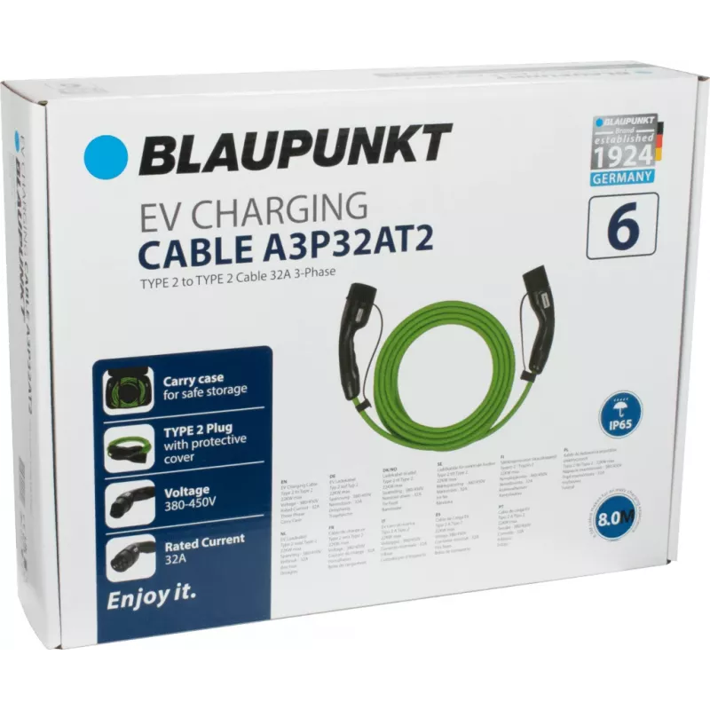Kabel do ładowania EV Blaupunkt Type 2 do Type 2 8m 32A 3-fazowy 22kW (A3P32AT2)