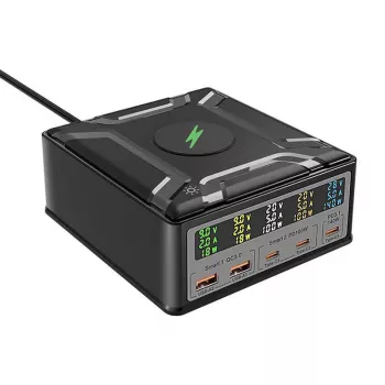 BlitzWolf BW-S28 260W GaN USB-C Stacja Ładowania, 2xUSB-A, 3xUSB-C, 15W Ładowarka Bezprzewodowa, Czarny