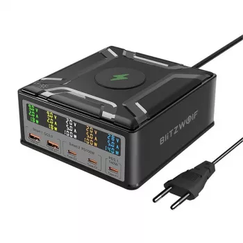 BlitzWolf BW-S28 260W GaN USB-C Stacja Ładowania, 2xUSB-A, 3xUSB-C, 15W Ładowarka Bezprzewodowa, Czarny