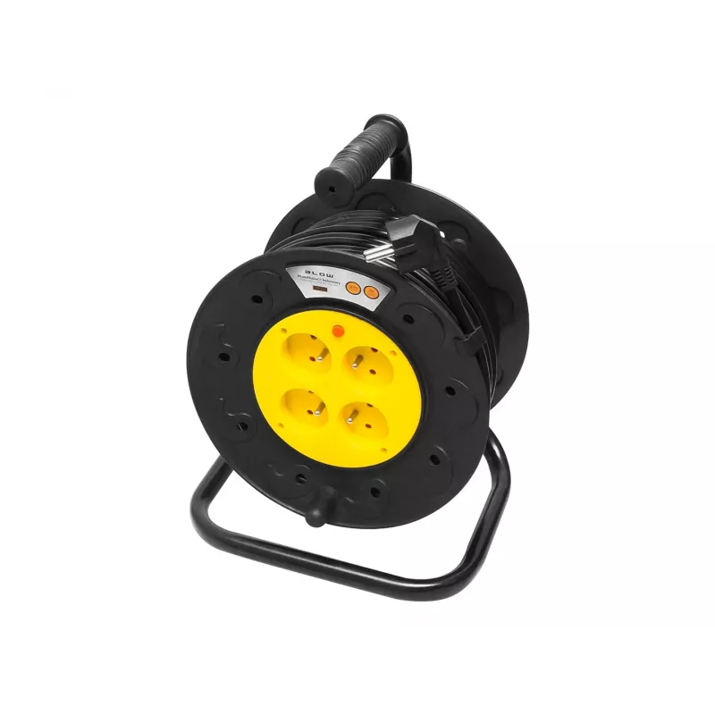 BLO PR-61 30m Przedłużacz na bębnie z 4 uziemionymi gniazdami, wyłącznikiem termicznym, przewodem H05VV-F 3x1,5mm², IP20, 16A/230V, maks. 3680W po rozwinięciu