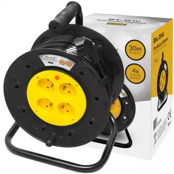 BLO PR-61 30m Przedłużacz na bębnie z 4 uziemionymi gniazdami, wyłącznikiem termicznym, przewodem H05VV-F 3x1,5mm², IP20, 16A/230V, maks. 3680W po rozwinięciu