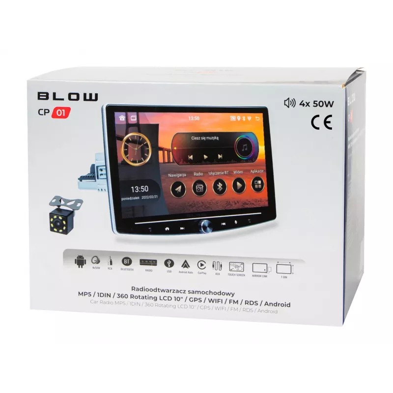 BLOW CP01 1DIN 10,1 cala Radio Samochodowe Android 10 z Obracanym Ekranem, Bezprzewodowe CarPlay i Android Auto, GPS, Wi-Fi, Bluetooth