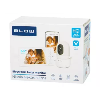 Elektroniczny niani monitor BLOW z 5,5 inch monitorem LCD WiFi, kamerą Full HD, Pan/Tilt/Zoom, noktowizją, dwukierunkowym audio, czujnikiem temperatury, kołysankami, zasięgiem 300 m