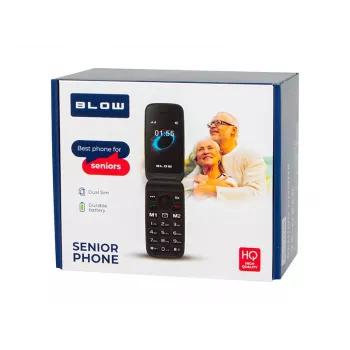 BLOW S24 Czarny telefon z klapką dla seniorów z przyciskiem SOS, dużymi klawiszami, Dual SIM, aparatem, radiem FM, latarką, ładowarką