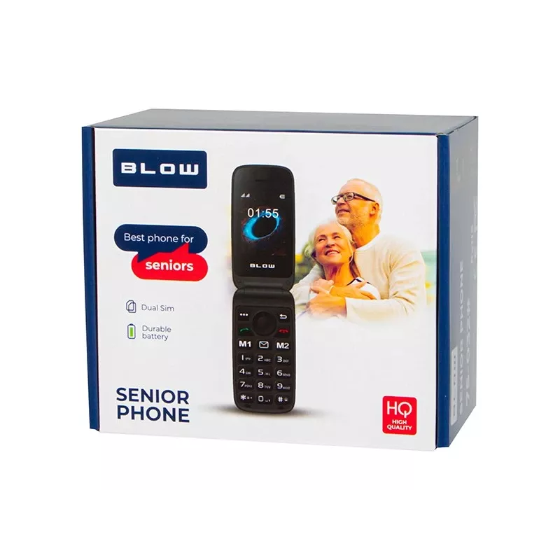 BLOW S24 Czarny telefon z klapką dla seniorów z przyciskiem SOS, dużymi klawiszami, Dual SIM, aparatem, radiem FM, latarką, ładowarką