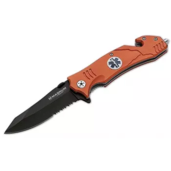 Boker Magnum EMS Rescue składany nóż ratunkowy, ostrze 440A, aluminiowa rękojeść, czerwony, przebijak do szyb i przecinak do pasów