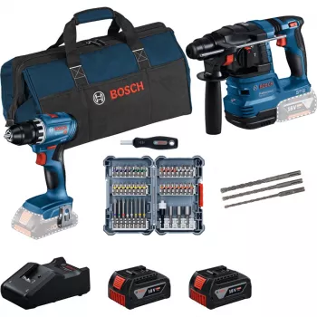 Bosch 18V Professional Set Młotowiertarka GBH 18V-22 + Wiertarko-wkrętarka GSR 18V-45 - (niebieski/czarny, 2x akumulator Li-Ion 4.0Ah, zestaw wierteł udarowych i bitów, torba narzędziowa) (0615V0003D)