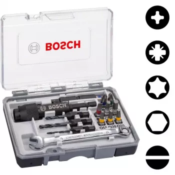 Bosch 2607002786 Zestaw 20 końcówek wkrętakowych z magnetycznym uchwytem uniwersalnym, 25 mm, ze stali S2, do Phillips, Pozidriv, płaskich, Torx, Hex