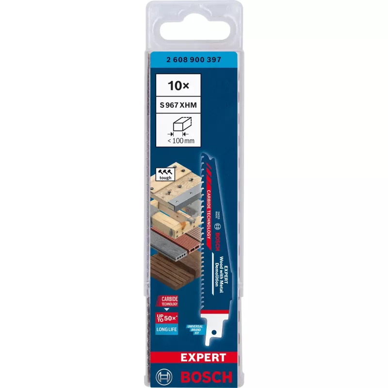 Bosch Expert S 967 XHM Brzeszczot do piły szablastej – Drewno z metalem do rozbiórek, 150 mm, 10 sztuk