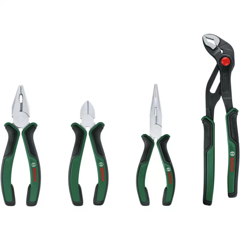 Zestaw szczypiec Bosch Powertools 4-częściowy 1600A02W7K z kombinowanymi, bocznymi, płaskimi i do rur, zielony/czarny