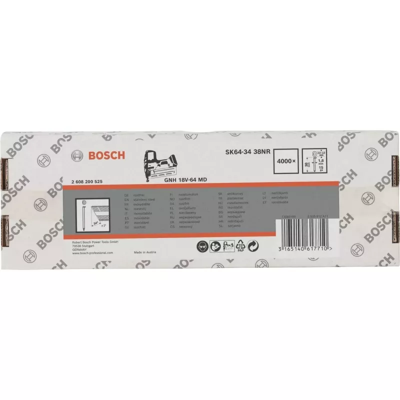 BOSCH POWERTOOLS Gwoździe wykończeniowe z łbem stożkowym SK64-34 38NR, 34° / 1,8 mm / 15 ga (Stal nierdzewna, 4000 szt.)