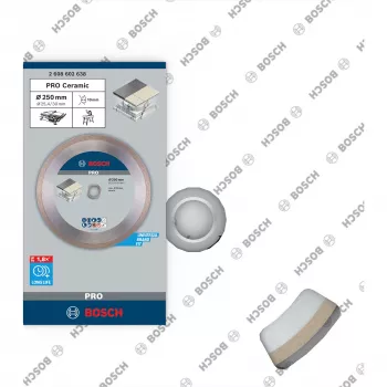 Tarcza diamentowa do cięcia ceramiki Bosch PRO, 250 mm średnicy, otwór 30 mm (z pierścieniem redukcyjnym 25,4 mm), ciągła krawędź, cięcie na mokro/sucho