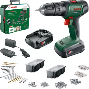 BOSCH UniversalImpact 18V Akumulatorowa Wiertarko-Wkrętarka Udarowa (Zielony/Czarny, 2x1.5Ah Li-Ion, Zestaw 241-częściowy)