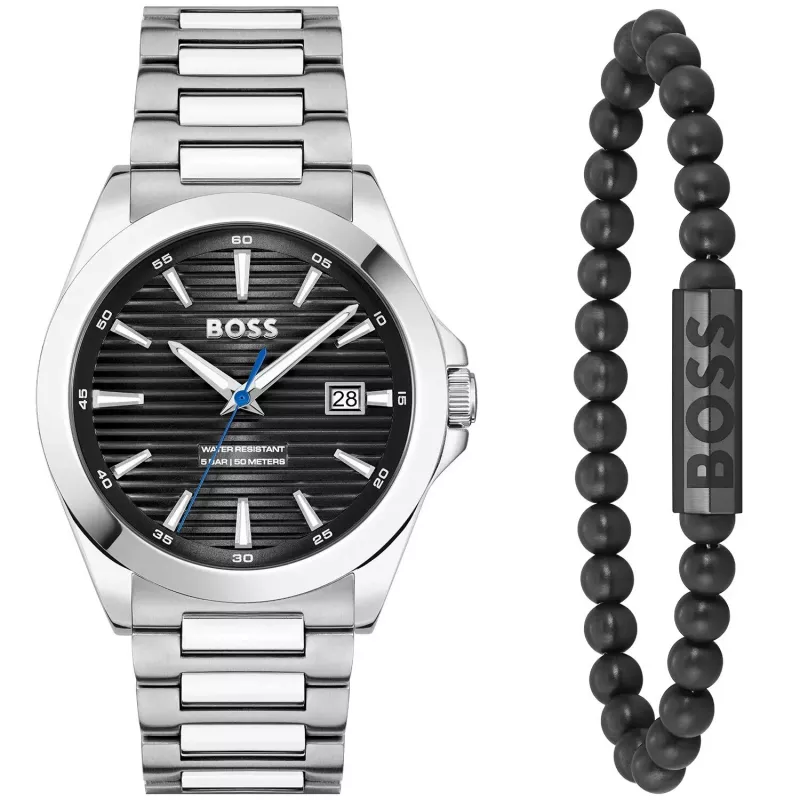 Zegarek męski BOSS 1570180 41mm Koperta ze stali nierdzewnej Czarny skórzany pasek Analogowy kwarcowy