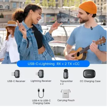 BOYA Mini 2-01 Bezprzewodowy System Mikrofonowy 2.4GHz z 2 Nadajnikami i 2 Odbiornikami (USB-C i Lightning) Czarny