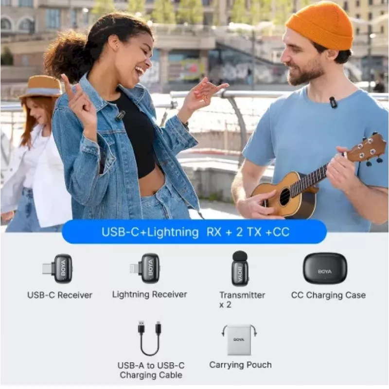 BOYA Mini 2-01 Bezprzewodowy System Mikrofonowy 2.4GHz z 2 Nadajnikami i 2 Odbiornikami (USB-C i Lightning) Czarny