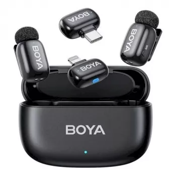 BOYA Mini 2-01 Bezprzewodowy System Mikrofonowy 2.4GHz z 2 Nadajnikami i 2 Odbiornikami (USB-C i Lightning) Czarny