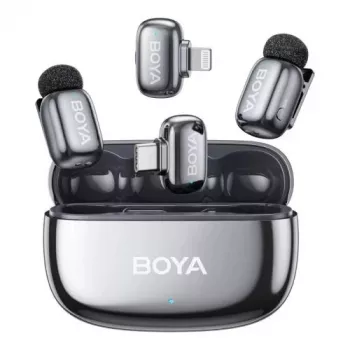 System mikrofonów bezprzewodowych BOYA Mini 2-01 z redukcją szumów AI, 2 nadajniki i 2 odbiorniki (USB-C i Lightning), Space Gray