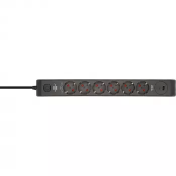 BRENNENSTUHL 6-Way Power Strip z 1x USB-C, 1x USB-A, Ochrona przeciwprzepięciowa 13 500 A, Kabel 2 m, Czarny/Antracyt