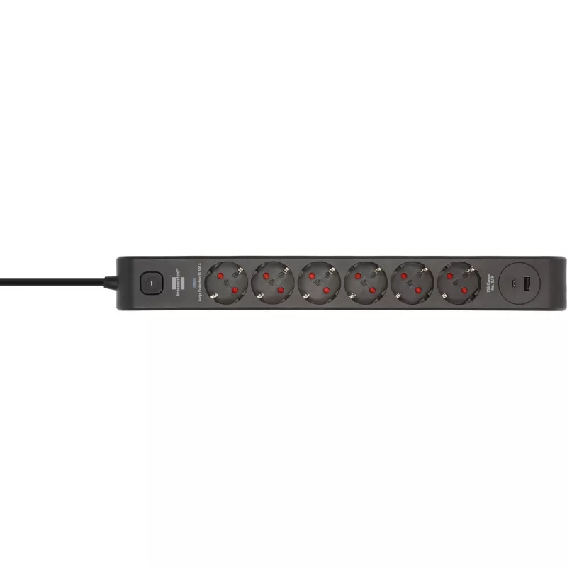 BRENNENSTUHL 6-Way Power Strip z 1x USB-C, 1x USB-A, Ochrona przeciwprzepięciowa 13 500 A, Kabel 2 m, Czarny/Antracyt
