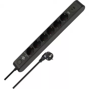 BRENNENSTUHL 6-Way Power Strip z 1x USB-C, 1x USB-A, Ochrona przeciwprzepięciowa 13 500 A, Kabel 2 m, Czarny/Antracyt