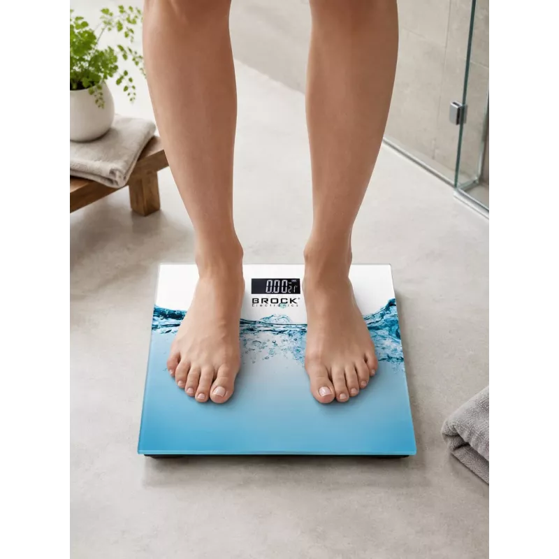 Brock BS 005 Cyfrowa waga łazienkowa z platformą ze szkła hartowanego, nośność 180 kg, dokładność 100 g, automatyczne włączanie/wyłączanie, baterie w zestawie