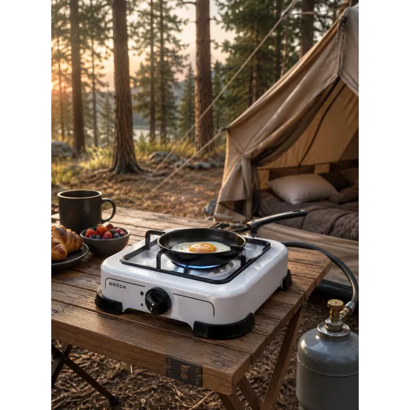 Brock GS 001 W Jednopalnikowa Kuchenka Gazowa, 1,5 kW, Zapłon Ręczny, Stal Emaliowana, Biała