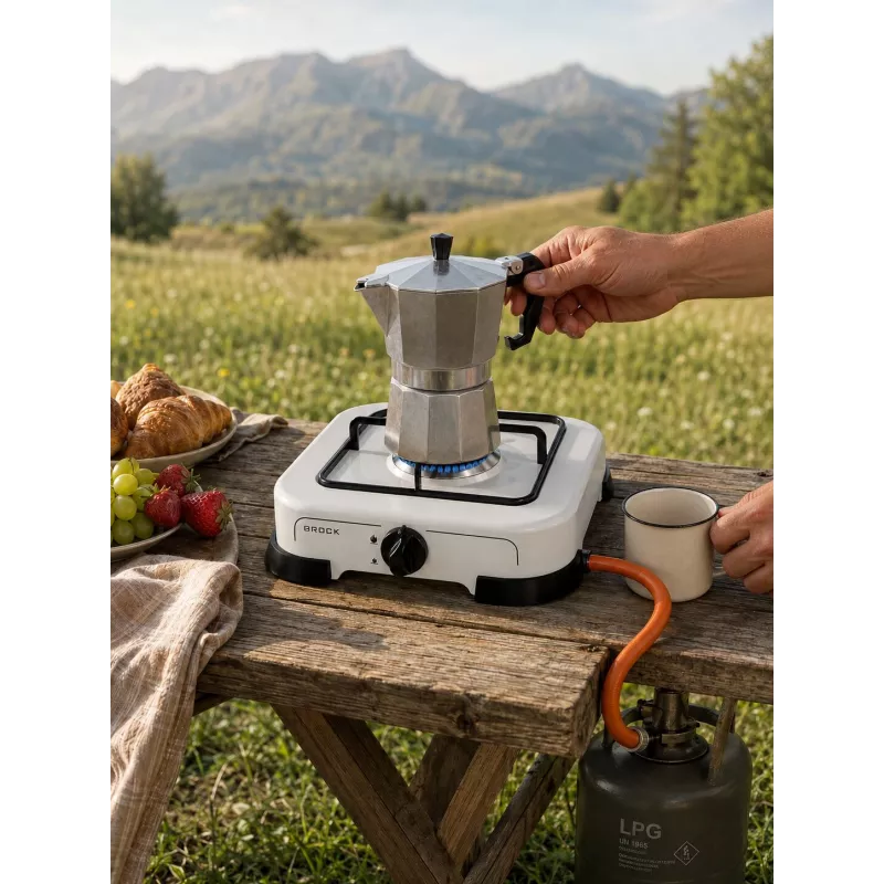Brock GS 001 W Jednopalnikowa Kuchenka Gazowa, 1,5 kW, Zapłon Ręczny, Stal Emaliowana, Biała