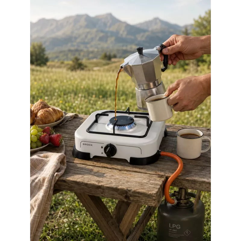 Brock GS 001 W Jednopalnikowa Kuchenka Gazowa, 1,5 kW, Zapłon Ręczny, Stal Emaliowana, Biała