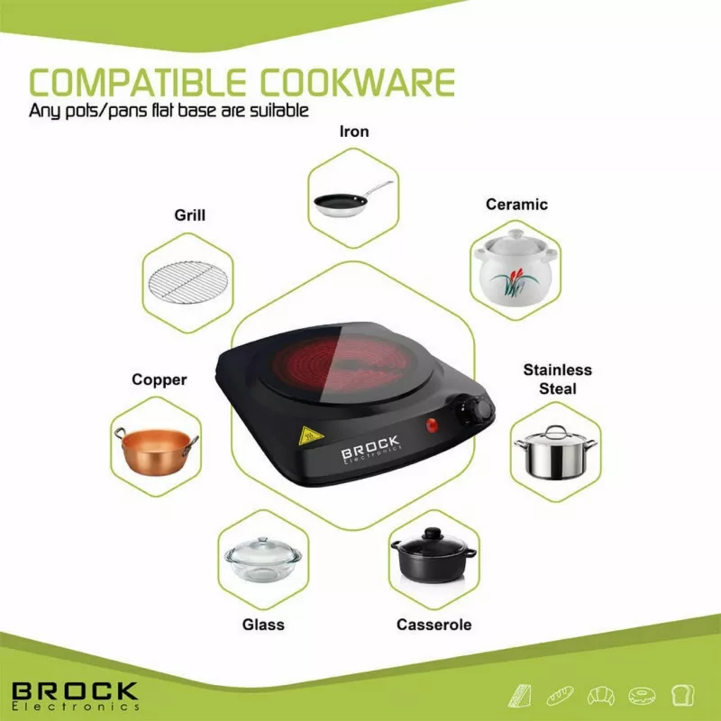 Brock HPI 3001 BK 1500W Pojedyncza elektryczna płyta grzewcza z żeliwną płytą i regulowanym termostatem, Czarny