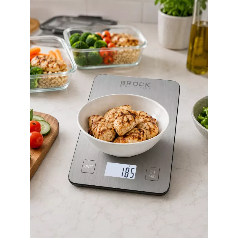 Brock SKS 1009 Cyfrowa waga kuchenna z wyświetlaczem LED, udźwig 5 kg, dokładność 1 g, platforma z hartowanego szkła, czarna