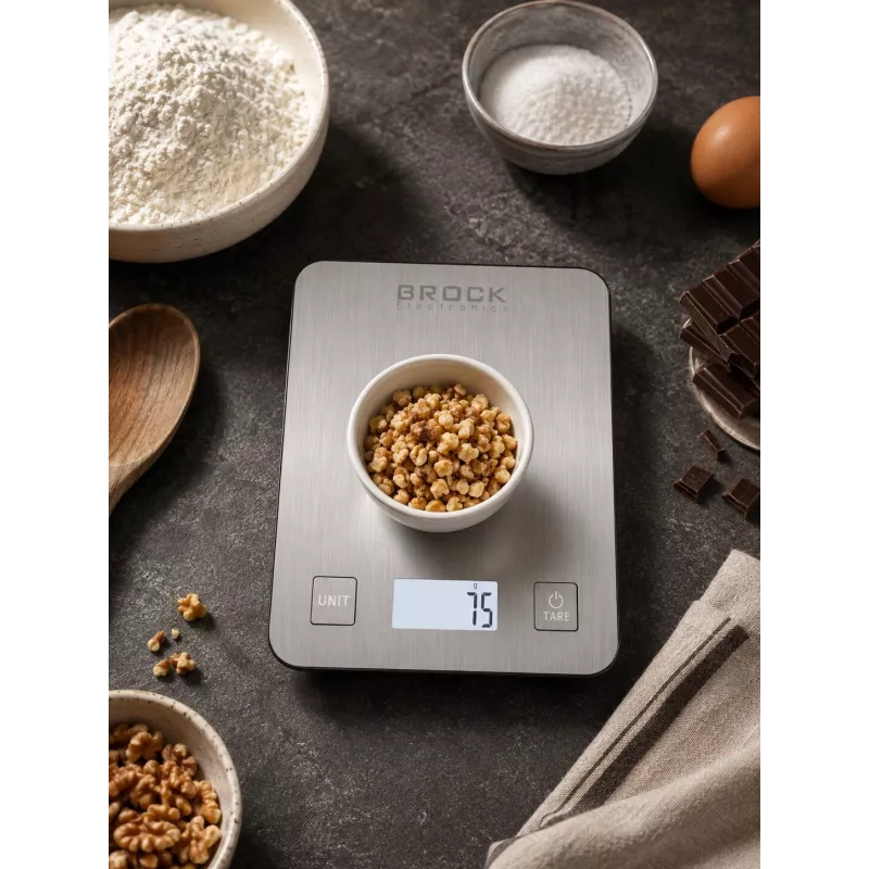 Brock SKS 1009 Cyfrowa waga kuchenna z wyświetlaczem LED, udźwig 5 kg, dokładność 1 g, platforma z hartowanego szkła, czarna