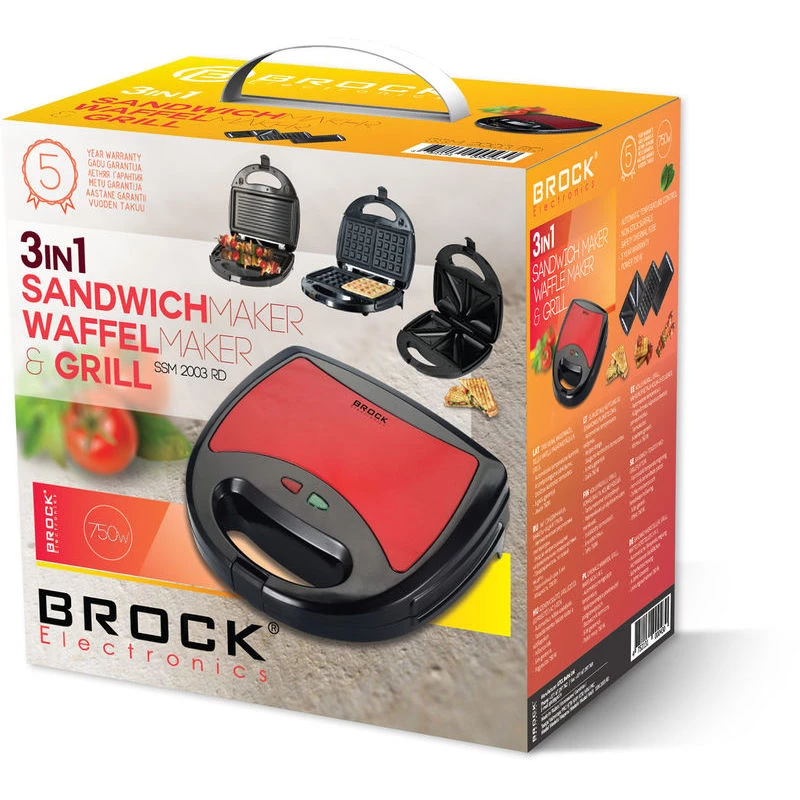 Brock SSM 2003 RD 3-w-1 Toster do kanapek, gofrownica i grill, 750 W, czarno-czerwony