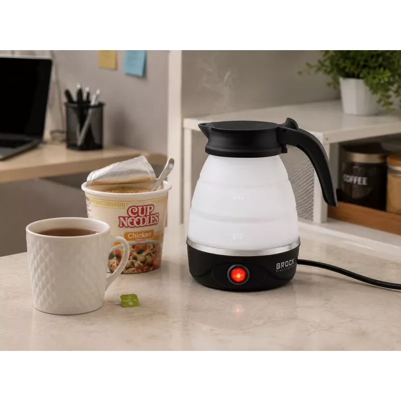 Brock WK 0904 BK Składany Czajnik Podróżny 0,5L 500W, Czarno-Biały