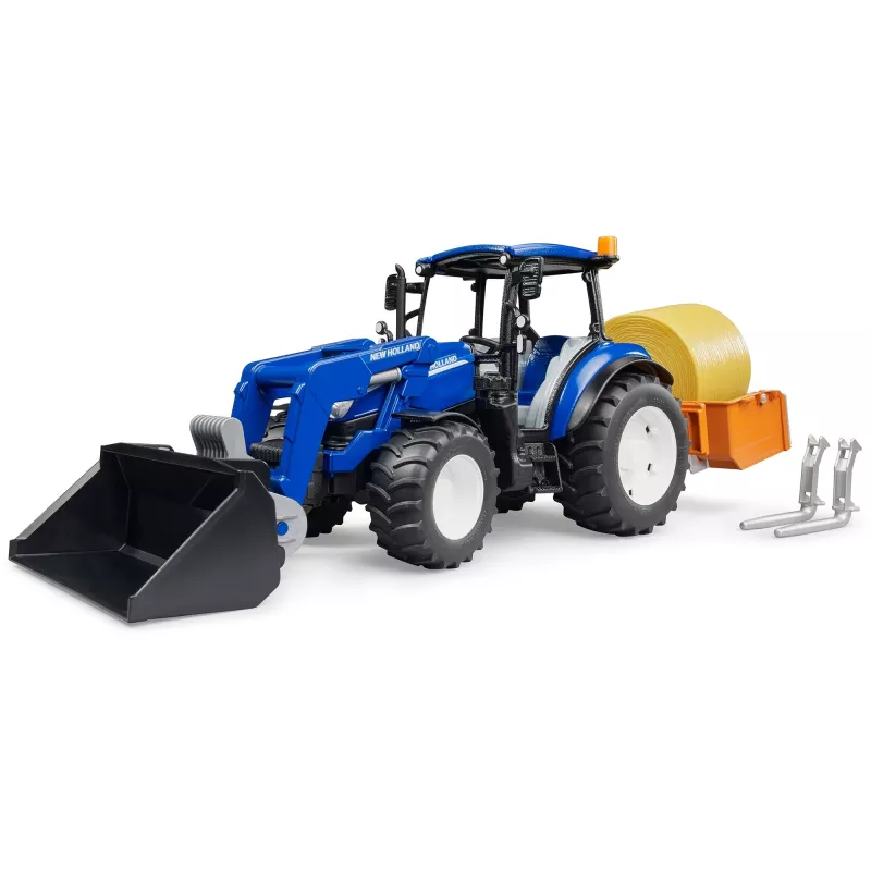BRUDER New Holland T5.120 Traktor z ładowaczem czołowym, skrzynią ładunkową i widłami 1:16
