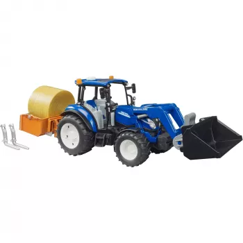 BRUDER New Holland T5.120 Traktor z ładowaczem czołowym, skrzynią ładunkową i widłami 1:16