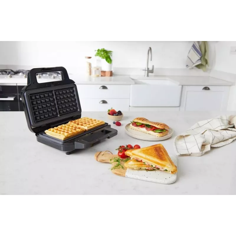 BRV VST098X Opiekacz 3w1, gofrownica i grill, 850 W, płyty nieprzywierające DuraCeramic, Czarny/Srebrny