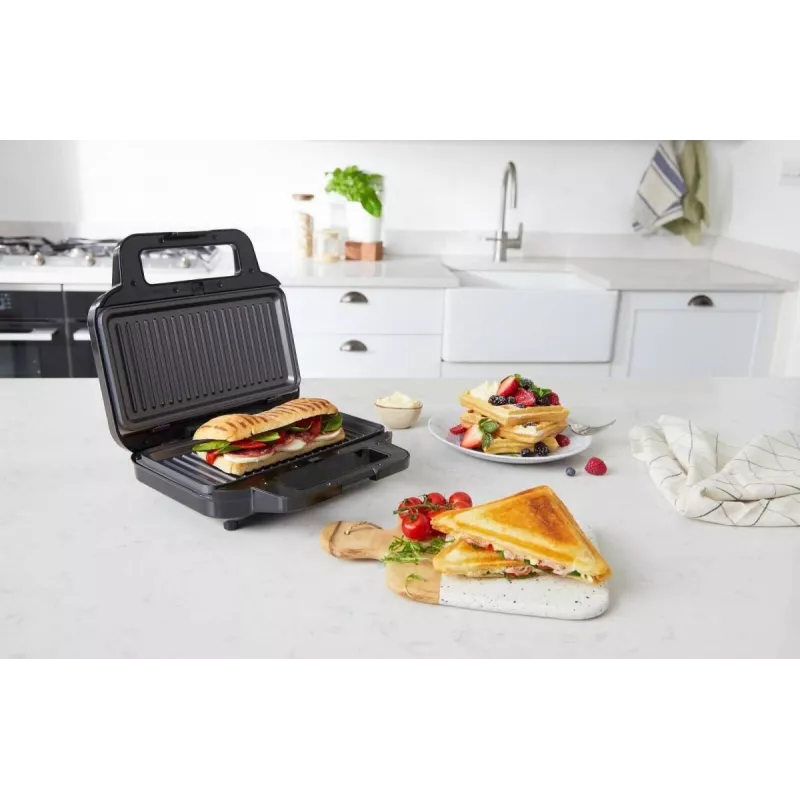 BRV VST098X Opiekacz 3w1, gofrownica i grill, 850 W, płyty nieprzywierające DuraCeramic, Czarny/Srebrny