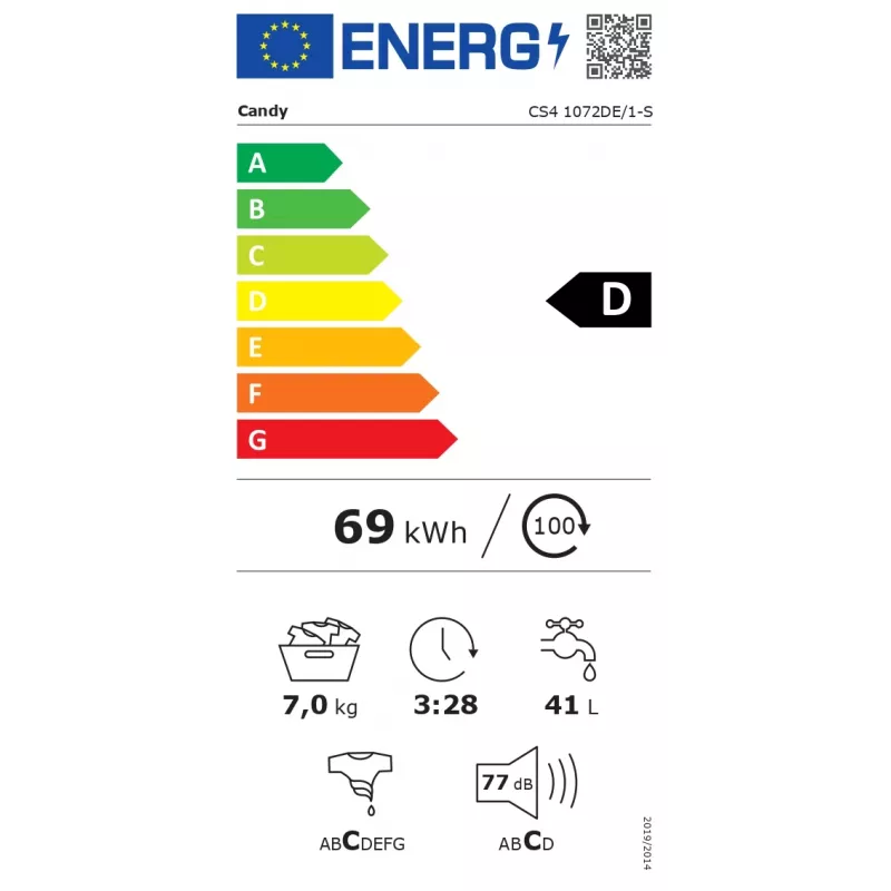 Pralka ładowana od przodu Candy CS4 1072DE/1-S - 7 kg, 1000 obr./min, klasa energetyczna D, biała