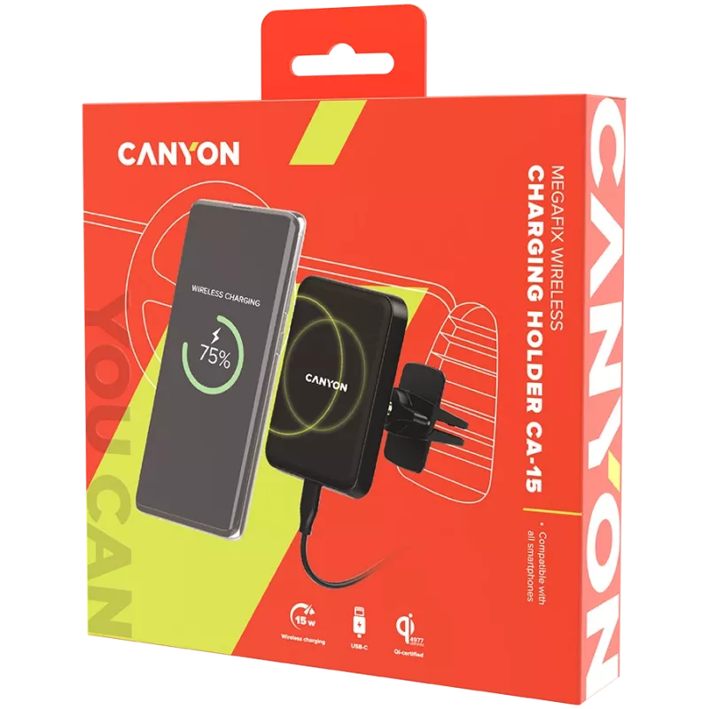 Uchwyt samochodowy i ładowarka bezprzewodowa CANYON CH-15 MegaFix, 15W, USB-C, Czarny