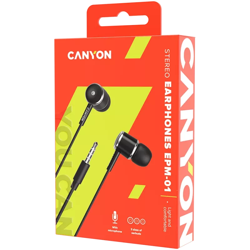 CANYON EPM-01 Słuchawki douszne przewodowe z mikrofonem, kabel 1,2 m, czarny