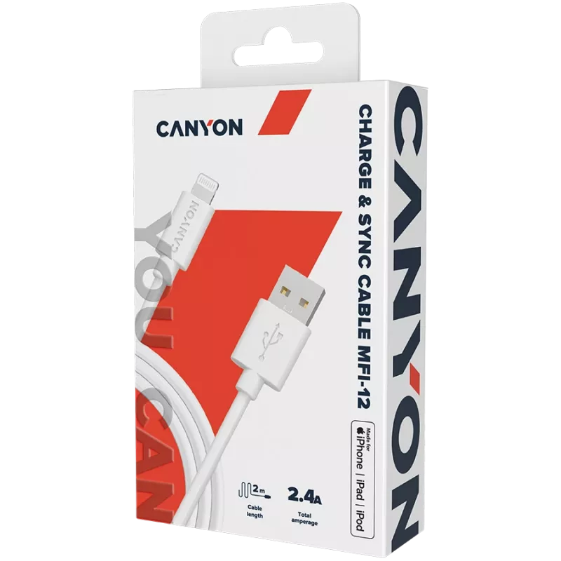 CANYON MFI-12 USB-A do Lightning Kabel 2m Biały