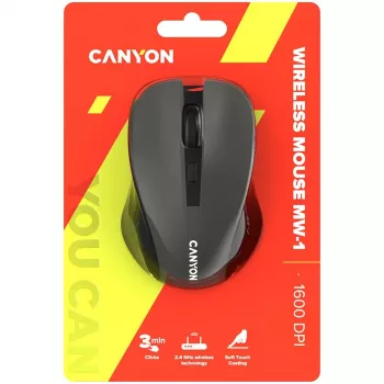 CANYON MW-1 Bezprzewodowa Mysz Optyczna - 2.4 GHz, 1600 DPI, Szary