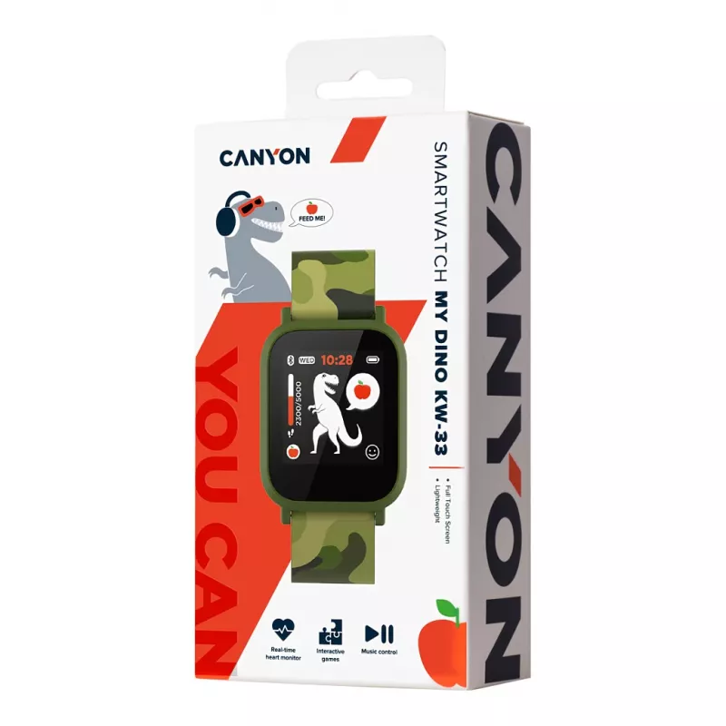 CANYON My Dino KW-33 Smartwatch dla nastolatków, 1.3 cala IPS Full Touch Screen, Zielona obudowa z tworzywa sztucznego, Wodoodporność IP68, BT 5.0