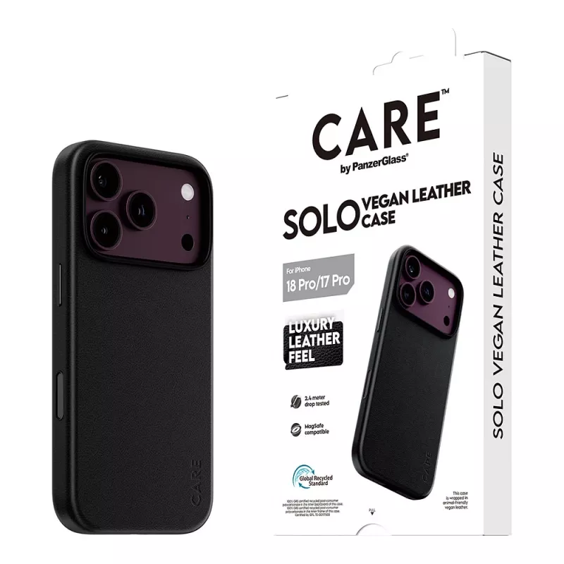 Etui CARE by PanzerGlass Solo z wegańskiej skóry, czarne, z MagSafe dla iPhone 17 Pro