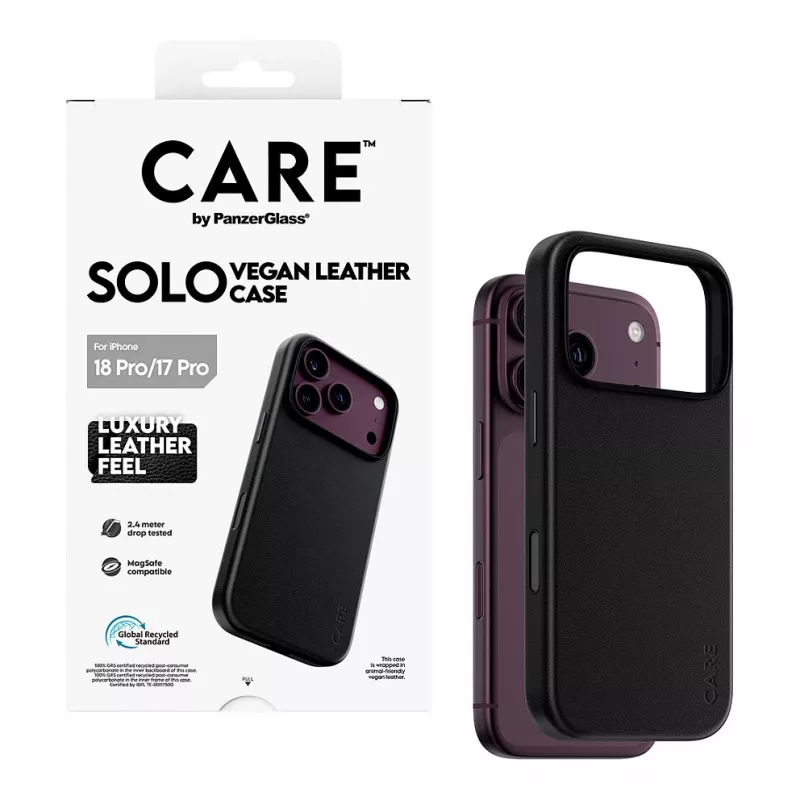 Etui CARE by PanzerGlass Solo z wegańskiej skóry, czarne, z MagSafe dla iPhone 17 Pro
